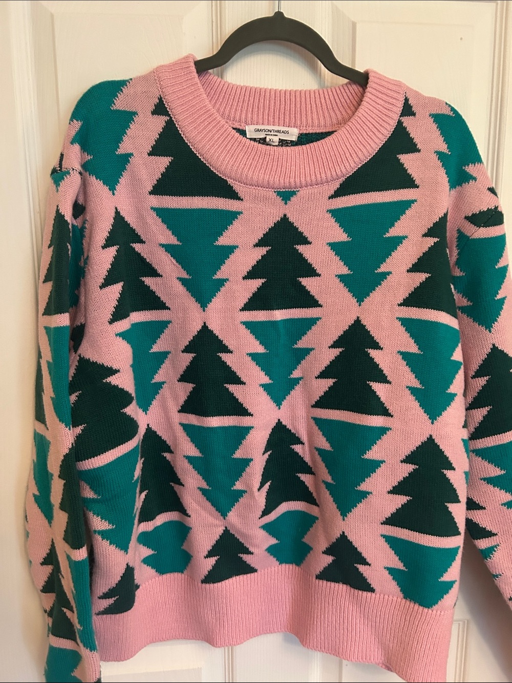 Grayson threads pink sweater with Christmas tree design